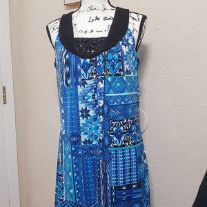 Blue & White Sleeveless Summer Dress with Beaded Embellishment by Notations